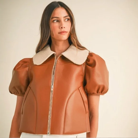 Shearling Lined Camel Puff Sleeve Cropped Leather Jacket with Peter Pan Collar - Picture 7 of 10